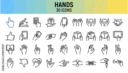 Human hands gestures linear outline icon set featuring everyday touch interactions handshake fist bump key holding presentation symbols