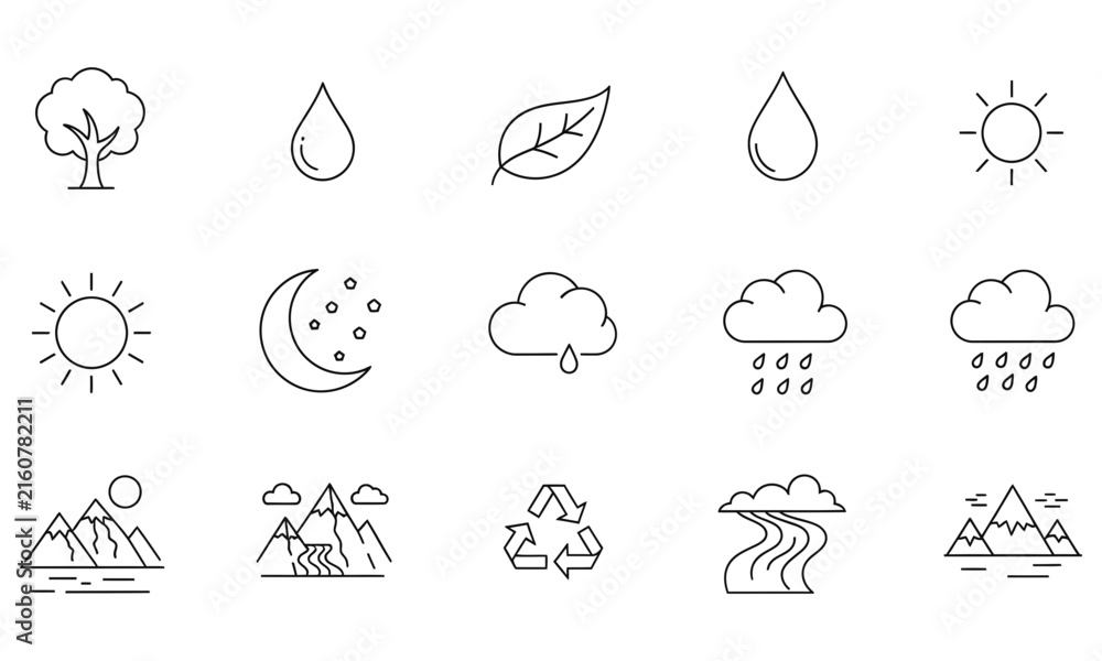 Fototapeta premium Set of weather condition icons with rain, sun, snow, and cloud symbols