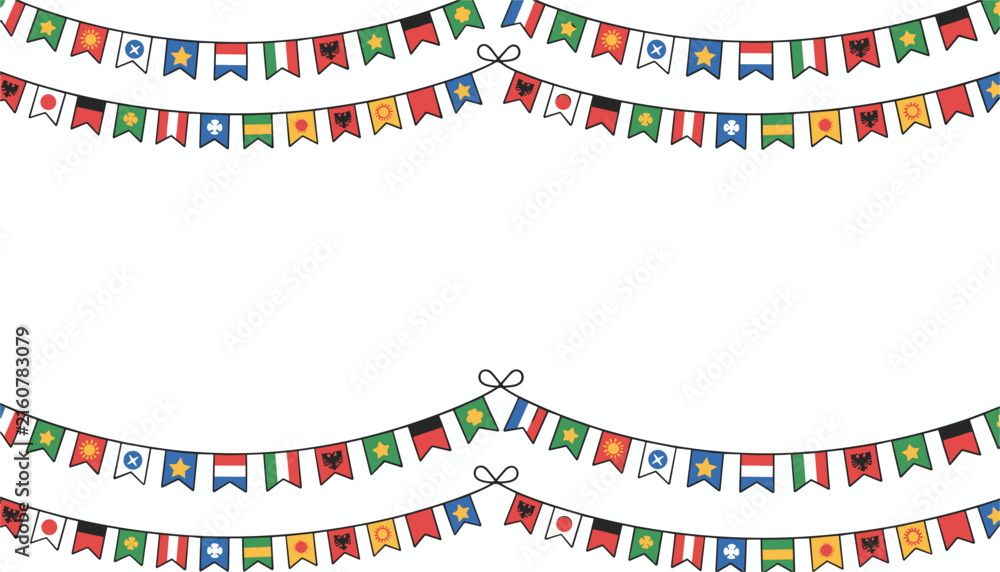 Fototapeta premium Bunting flags of different country designs forming a double border frame on a clean white background.