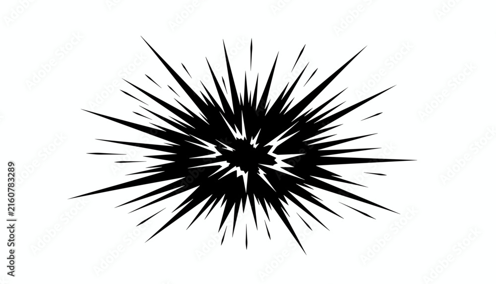 Obraz premium Dramatic spiky black ink explosion graphic element with sharp radial lines isolated on white background.