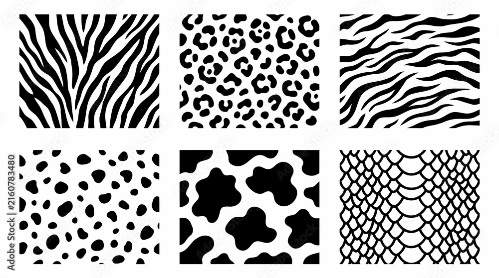 Naklejka premium Animal skin vector pattern set featuring classic black and white organic shapes designed for stylish textile backgrounds and creative prints