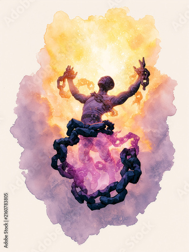 Romanticism watercolor illumination of a muscular figure ascending into a dreamlike space