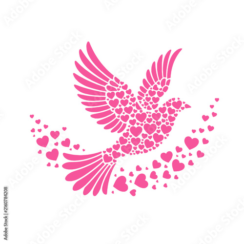 Flying bird silhouette made of pink hearts for romantic wedding or Valentine's Day design