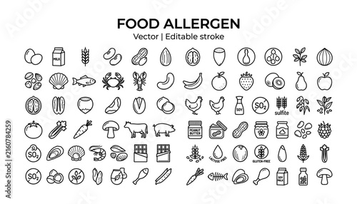 Obraz na plátně Food Allergen and Ingredient Sensitivity Line Art Icon Set Vector Graphic Design
