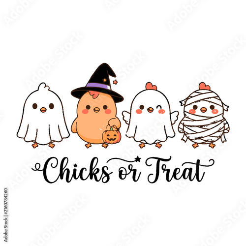 Cute Halloween Chicks in Costumes Vector Illustration with Chicks or Treat Text