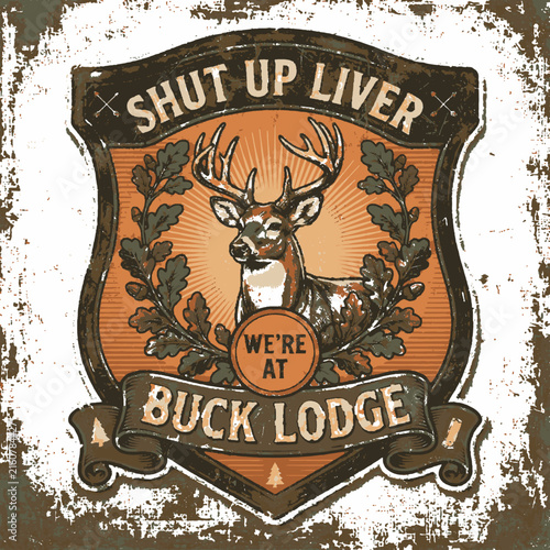 Vintage deer hunting club emblem with rustic shield and oak leaf wreath vector illustration