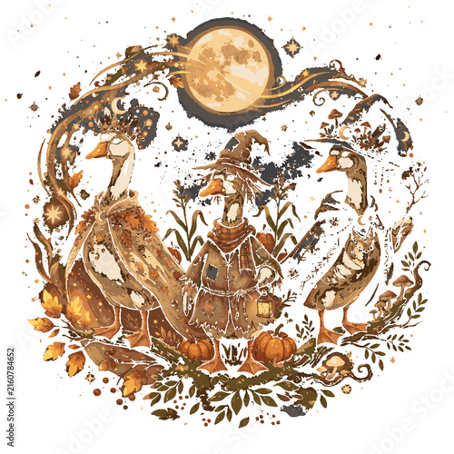 Autumn geese dressed as magical spirits with pumpkins and moon vector illustration