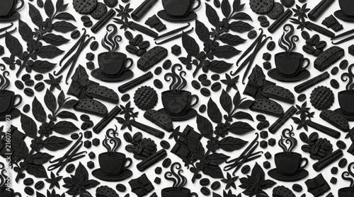 Seamless Coffee Pattern with Beans, Cups, Leaves, Pastries and Chocolate, Decorative Cafe Background