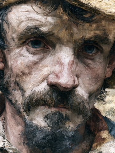 Realism oil painting portrait of a weathered agricultural worker with heavy texture