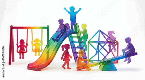 Colorful Silhouettes of Children Playing on Playground Equipment Slide Swing and Climbing Frame Vector Illustration
