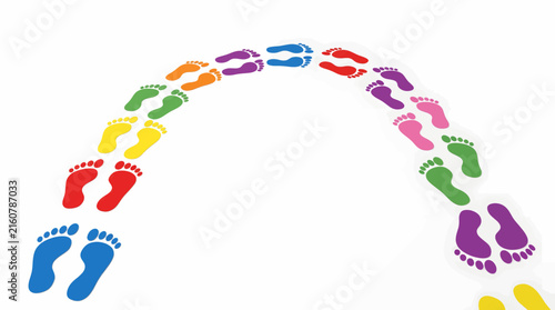 Curved Rainbow Arch of Barefoot Footprints Vector Illustration for Child Growth Walking Trail and Steps Concept