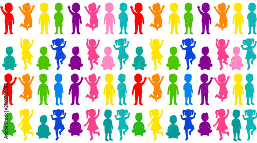 Vector Seamless Pattern of Cheerful Kids Silhouettes Standing in Vertical Rows for Nursery Decor and Fabric