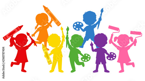 Creative Children Silhouettes Holding Big Pencils and Paintbrushes Vector Illustration of Young Artists Painting
