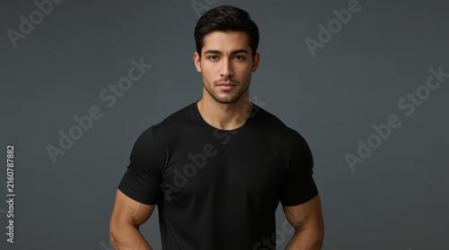 Athletic Asian man wearing fitted black shirt with confident expression