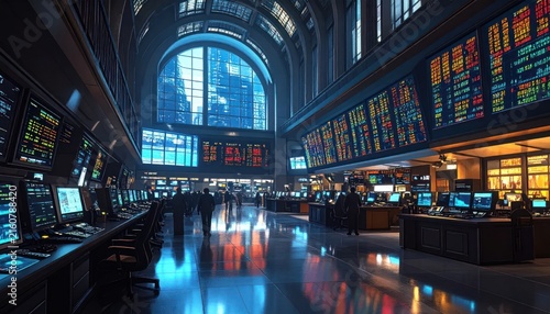 Futuristic stock exchange hall with blue data screens.