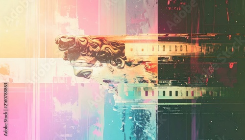 Glitch Art David Sculpture with Abstract Colorful Background and Film Grain