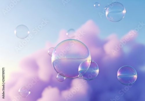 Iridescent soap bubbles float gracefully against a soft, dreamy background of pastel purple clouds and blue sky