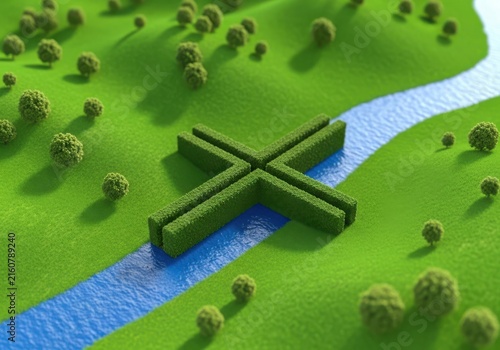 Topdown view of a green hedge maze shaped like a cross, situated in a lush landscape with a winding river
