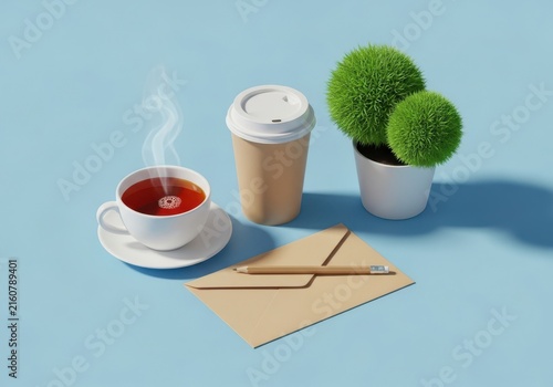 A steaming cup of tea, a disposable coffee cup, and a letter with a pencil on a blue background with a small plant