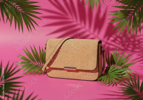A stylish cork crossbody bag displayed among lush green palm leaves with pink shadows on a vibrant pink background
