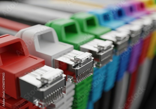 Closeup of a row of colorful ethernet network cables with rj45 connectors, representing technology and connectivity