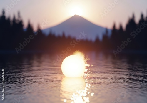 Glowing orb floats on rippling water at sunset with a silhouetted mountain and forest in the background