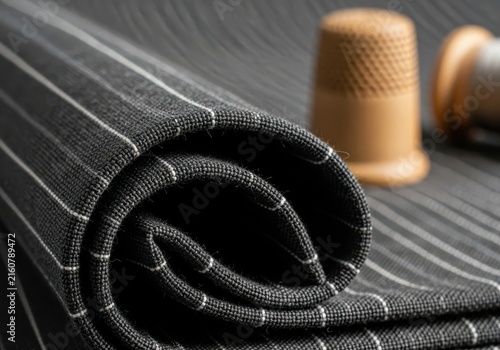 Closeup of dark pinstripe fabric rolled up, with a wooden thimble and spool of thread in the background
