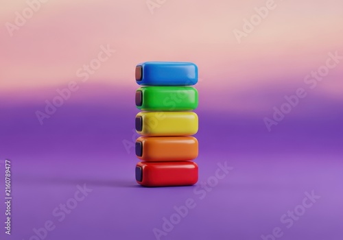Stack of colorful, rounded building blocks in rainbow order against a soft gradient background