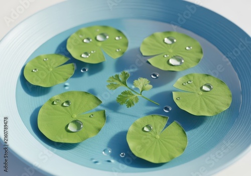 Closeup of fresh green lotus leaves with water droplets floating in a clear blue bowl of water, a small sprig of green herb in the center