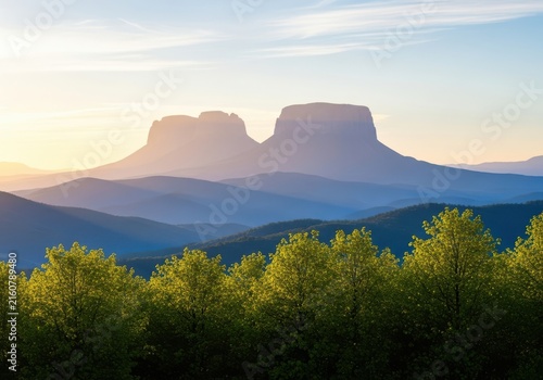 Majestic twin peaks rise above rolling blue hills at sunrise, with lush green trees in the foreground