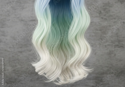 Closeup of long, wavy, ombre hair transitioning from dark blue to teal and then to light blonde, against a textured gray background