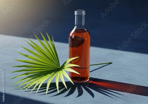 A clear glass bottle filled with amber liquid, placed next to a green palm leaf, casting a long shadow on a blue surface