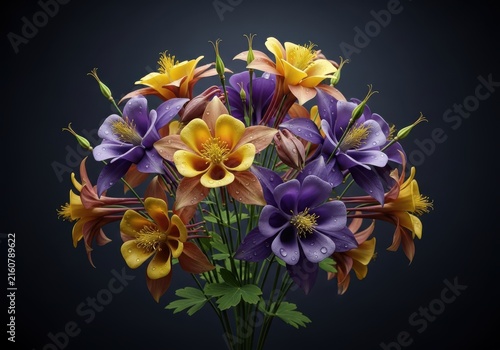 A beautiful bouquet of columbine flowers in shades of purple, yellow, and pink, with delicate petals and green leaves