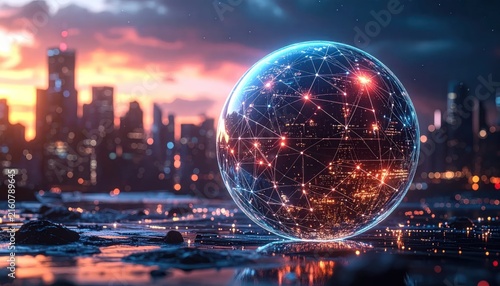 Glowing digital network sphere on wet city street.