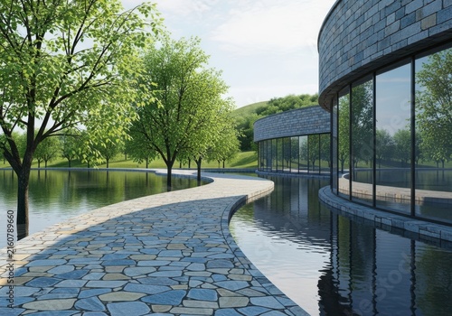 Modern architectural building with curved glass facade next to a tranquil lake and stone pathway