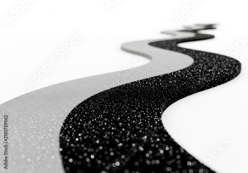 Winding path with contrasting black and silver glitter surfaces on a white background