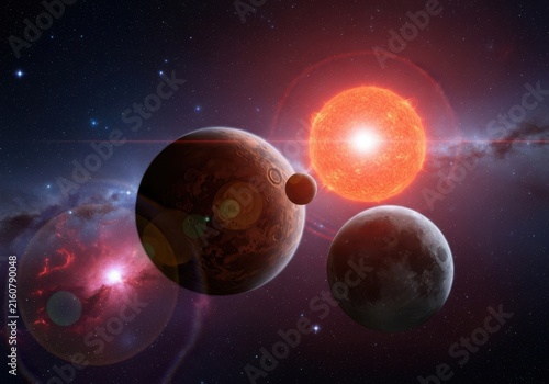 Cosmic scene with planets, moons, and a bright red star in a nebulafilled galaxy, representing space exploration and astronomy