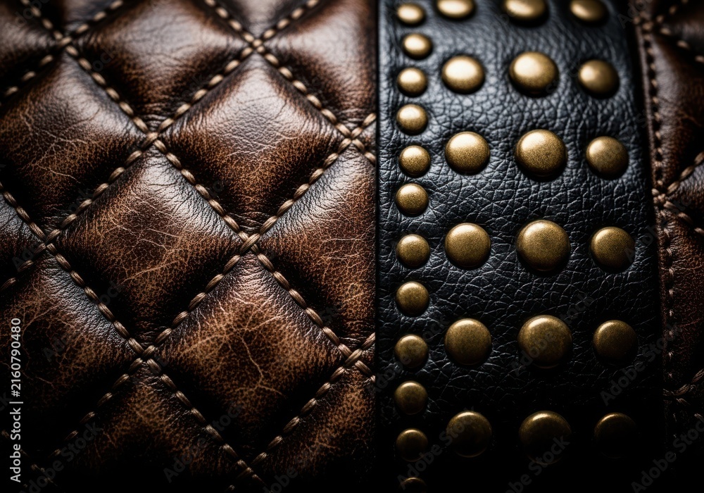 Naklejka premium Closeup of a textured brown leather with diamond stitching and a band of brass studs