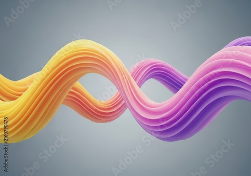 Abstract 3d render of flowing, intertwined ribbons in vibrant gradient colors of yellow, orange, pink, and purple