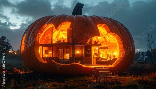 Glowing house built inside a giant carved Halloween pumpkin.
