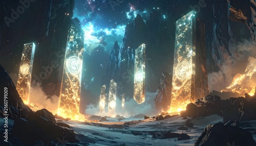 Glowing monoliths in dark sci-fi landscape under starry sky.