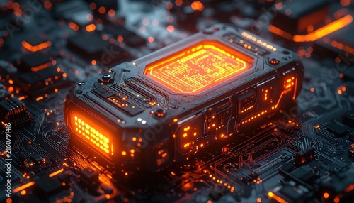 Glowing orange processor unit on dark digital motherboard