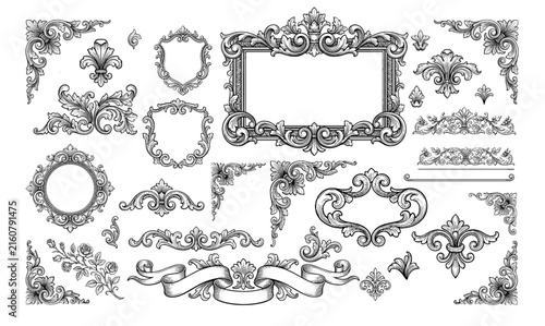 Set of vintage baroque and rococo decorative elements featuring floral scrolls and ornate frames, concept for antique invitation, luxury packaging and elegant logo design