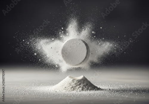 A single white tablet exploding into powder midair against a dark, dramatic background