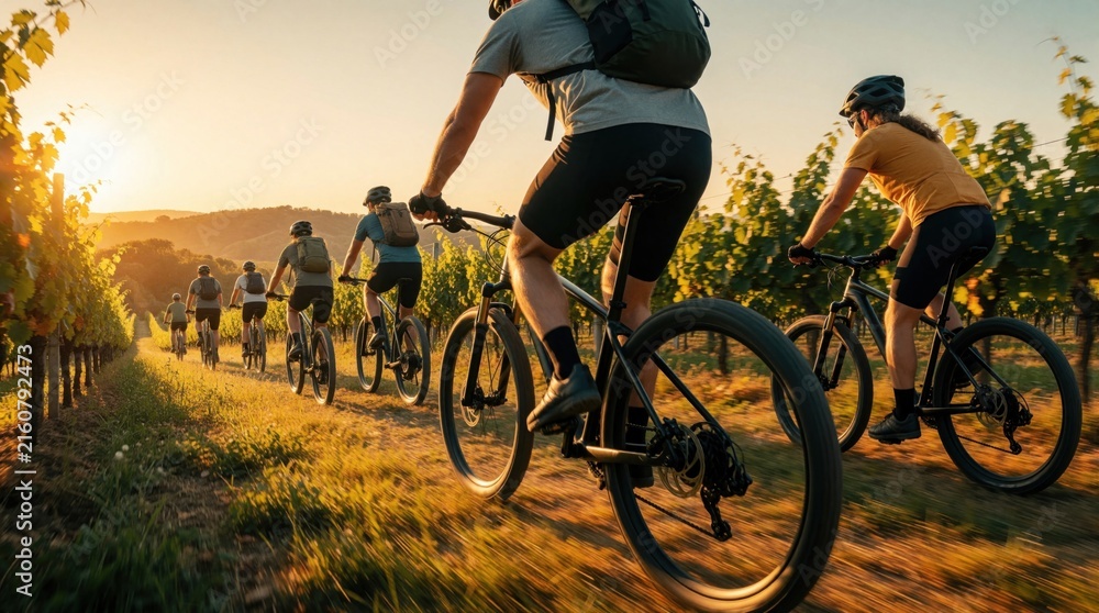 Naklejka premium Group of friends mountain biking through sunny vineyard rows. Cyclists enjoy active journey, fresh air, and scenic rural landscape at sunset. Outdoor leisure and healthy fun.