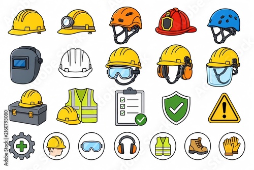 Comprehensive vector icon set of industrial safety equipment, including hard hats, a welding mask, ear protection, and safety signs.