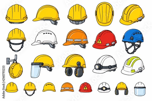 Vector illustration collection of diverse safety hard hats for construction and industrial work, isolated on white. Includes various colors and types.