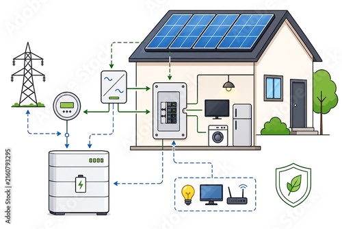 Renewable energy residential diagram: solar panels, battery, and smart home appliances, connected to grid and power meter, with eco protection shield.