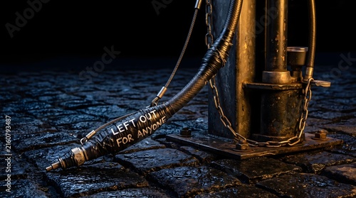 A public air pump resting on dark cobblestones symbolizes community support and open accessibility, offering an extended lifeline to anyone in need.