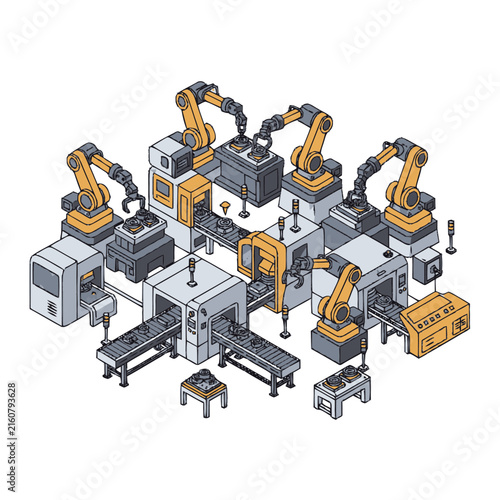 Automated factory featuring robotic arms and conveyor belts in an isometric illustration setup.